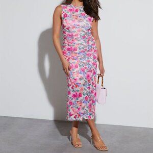 Vici Dee Elly Floral Mesh Ruched Sleeveless Midi Dress L Wedding Guest Formal